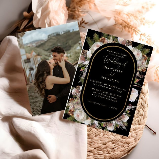 Peach Pink Boho Black Winter Floral Wedge Folieneinladung (Von Creator hochgeladen)