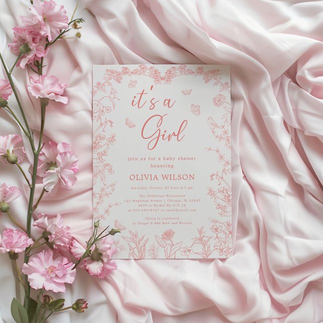 Peach Pink Chinoiserie 'It's a Girl' Baby Shower Einladung ("Whimsical Peach Pink Garden Chinoiserie 'It's a Girl' Baby Shower Invitation"

)