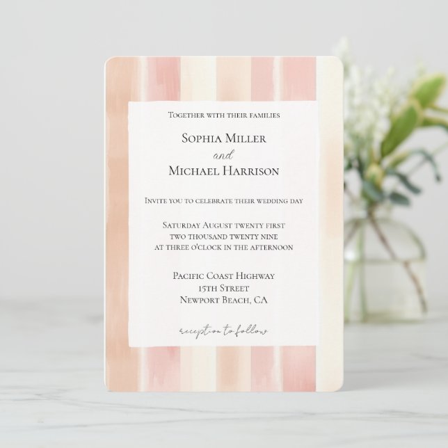Peach Pink Cream Stripes Wedding Einladung (Stehend Vorderseite)