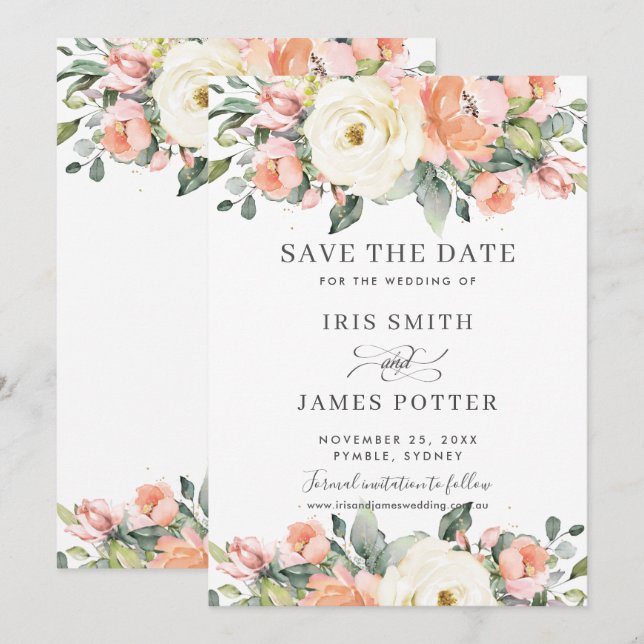 Peach Pink ElfenbeinblumenWedding Save the Date Ca Einladung (Vorne/Hinten)