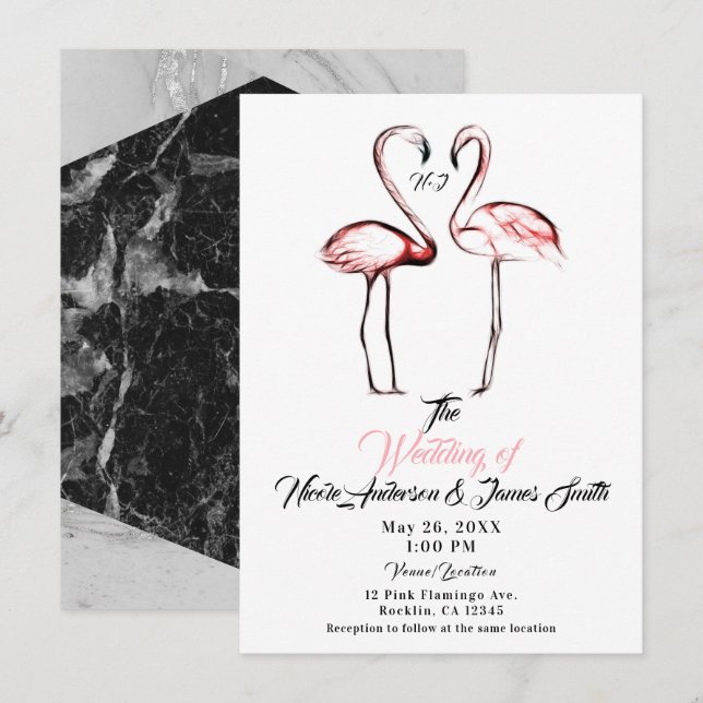 Peach Pink Flamingos Flamingo Black Marble Wedding Einladung (Vorne/Hinten)