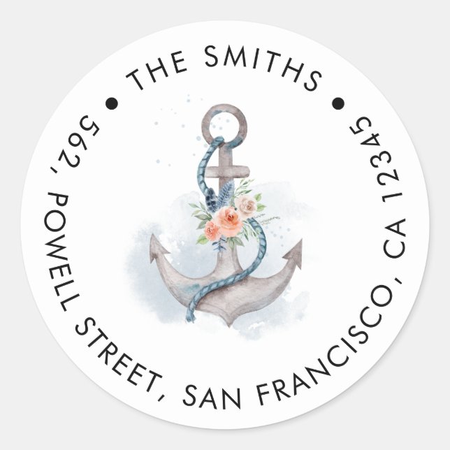 Peach Pink Floral Anchor Rücksendeadresse Runder Aufkleber (Vorderseite)