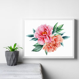 Peach Pink Floral Blume Peongs Wall Art Poster