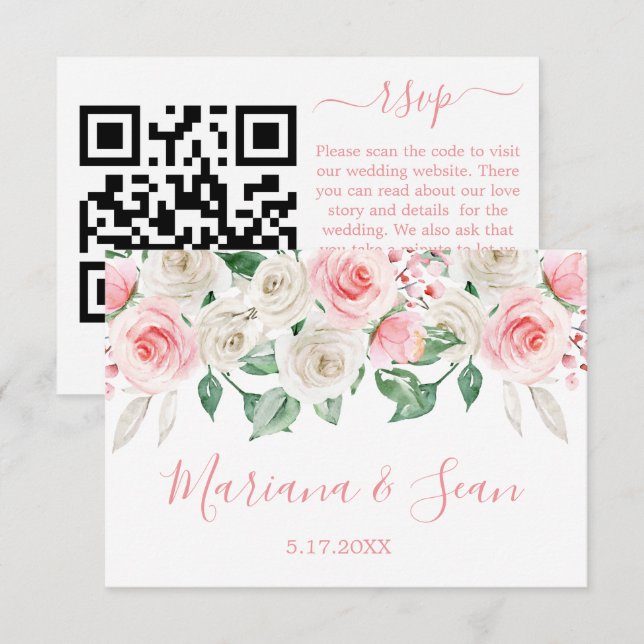 Peach Pink Floral Wedding QR Code RSVP Karte (Vorne/Hinten)