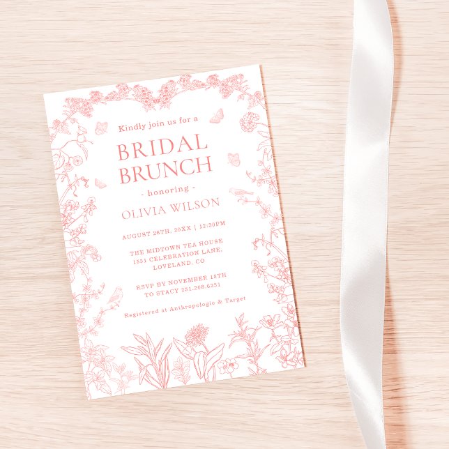 Peach Pink Garden Chinoiserie Bridal Brunch Einladung (Whimsical Peach Pink Garden Chinoiserie Bridal Brunch Invitation)