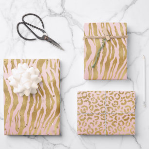 Peach Pink Gold Glitz Sparkle Zebra Print Geschenkpapier Set