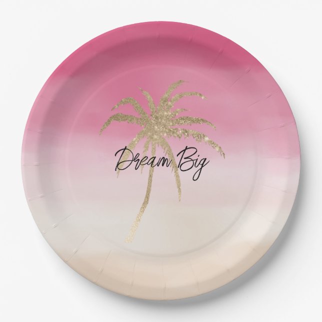 Peach Pink Gold Tropical Palm Tree Pappteller (Vorderseite)
