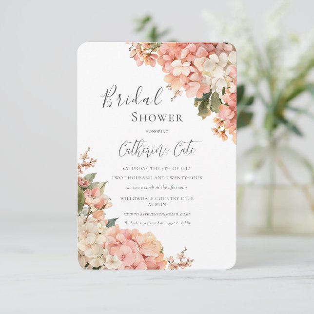 Peach & Pink Hydrangeas Floral Bridal Shower Einladung (Stehend Vorderseite)