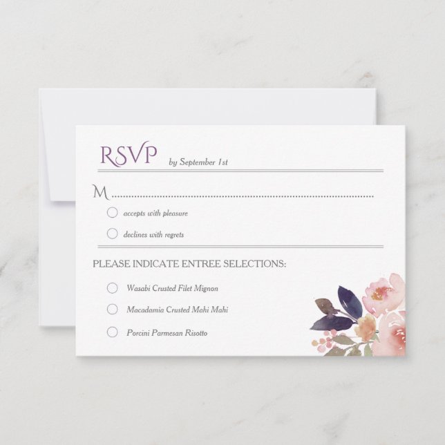 Peach Pink Lavender Watercolor Wedding RSVPs RSVP Karte (Vorderseite)