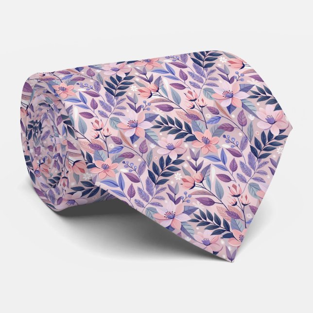 Peach Pink Navy Blume Blumenmuster Krawatte (Gerollt)
