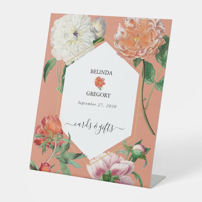 Peach Pink Peonies Blume Hochzeitskarten Geschenke Sockelschild (Vorderseite)