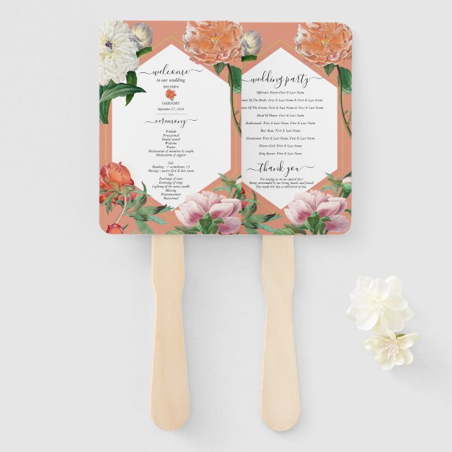 Peach Pink Peonies Blume Hochzeitsprogramm Fächer (Vorne und Hinten)