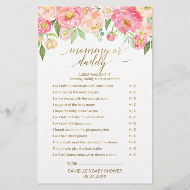 Peach & Pink Peony Blume Baby Word Scramble Game (Vorderseite)