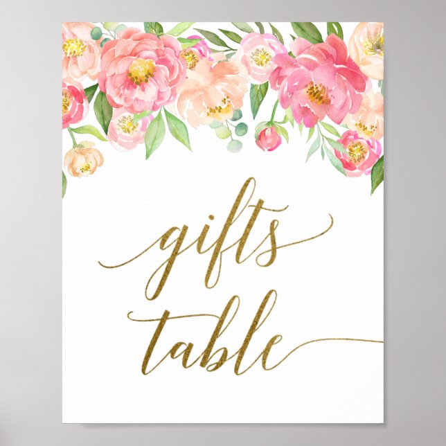 Peach & Pink Peony Blume Gifts Table Sign Poster (Vorne)