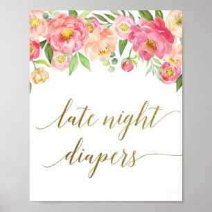 Peach & Pink Peony Blume Spate Night Diapers signi Poster