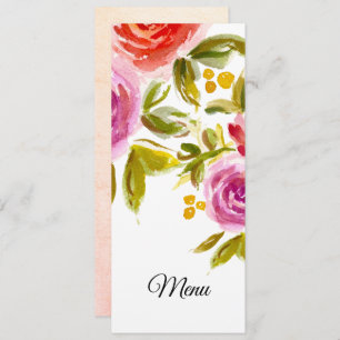 Peach Pink Red Watercolor Floral Wedding Menu Card Menükarte