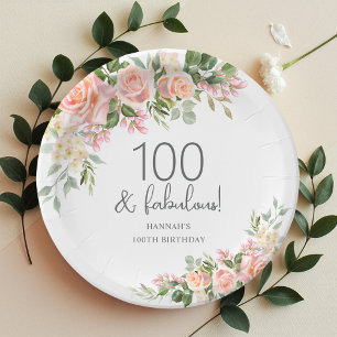 Peach Pink Rose Floral 100. Geburtstag Pappteller