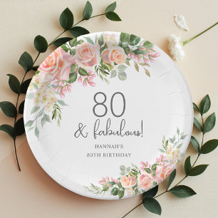 Peach Pink Rose Floral 80. Geburtstag Pappteller
