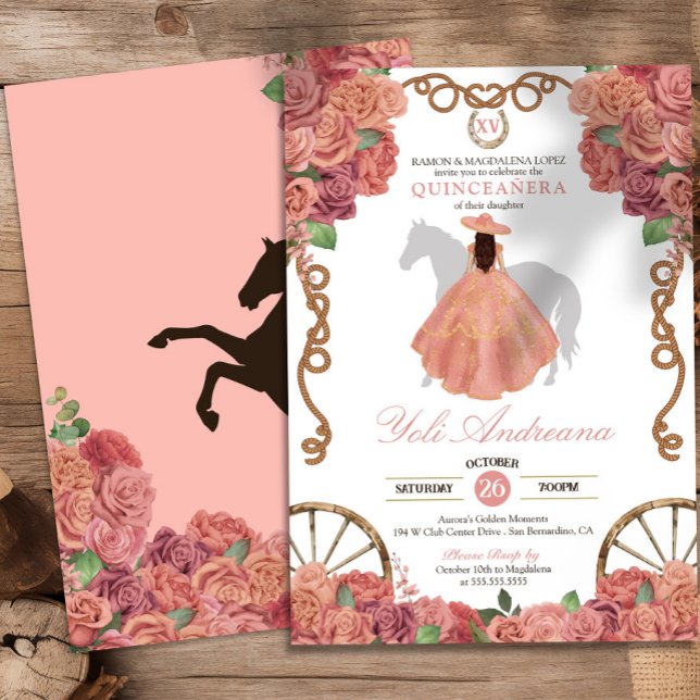 Peach Pink Rose Gold Western Charro Quinceañera Einladung (Von Creator hochgeladen)