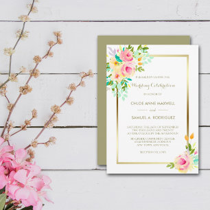 Peach Pink Roses on White Wedding Einladung