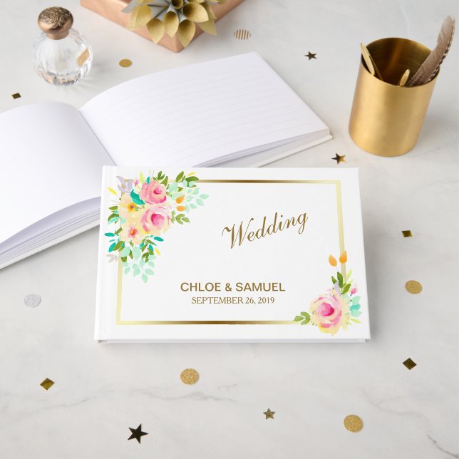 Peach Pink Roses Wedding Gästebuch (Vorderseite Offen)