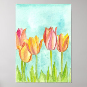 Peach Pink Tulip Pastell Aquarellfarben Blume Poster