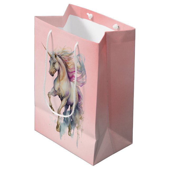 Peach Pink Unicorn Dream Mittlere Geschenktüte (Vorderseite Schrägansicht)