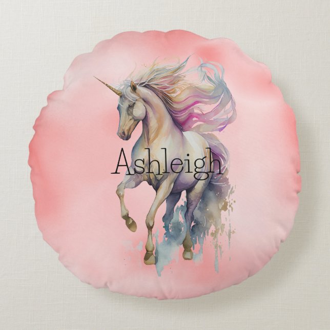 Peach Pink Unicorn Dream Rundes Kissen (Vorderseite)