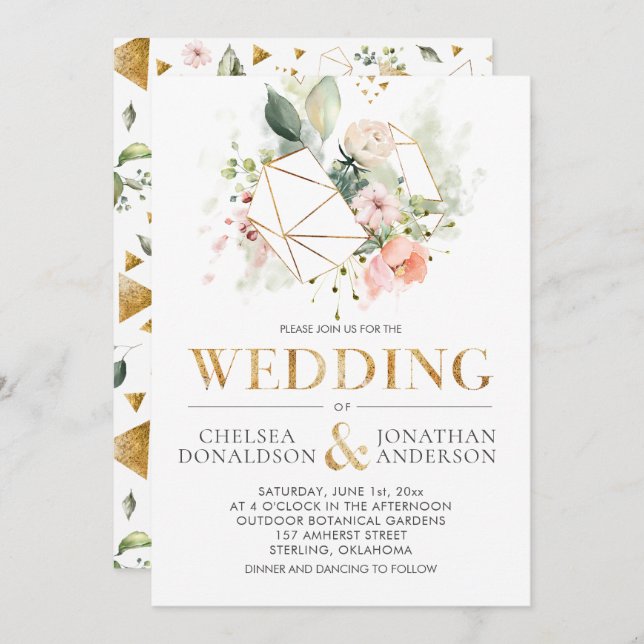 Peach Pink Watercolor Blumenterrasse Hochzeit Einladung (Vorne/Hinten)
