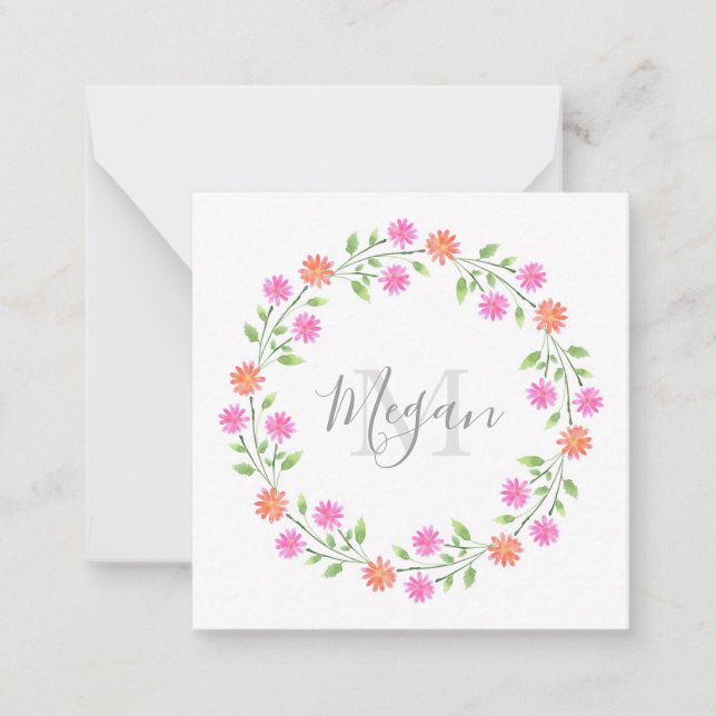 Peach & Pink Watercolor Daisiath Wreath Mitteilungskarte (Vorderseite)