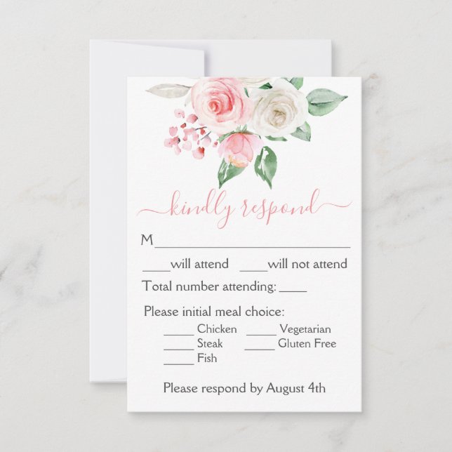 Peach Pink Watercolor Floral Wedding RSVP Card Karte (Vorderseite)