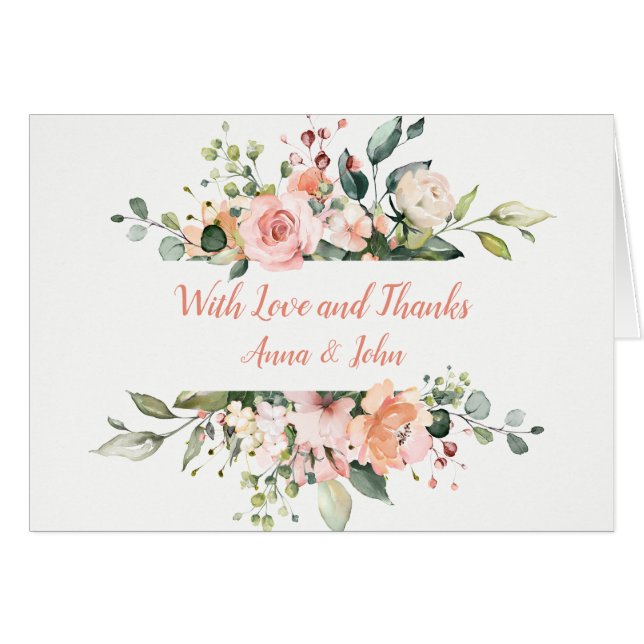 Peach Pink White Floral Frame Hochzeit Vielen Dank (Vorderseite (Horizontal))
