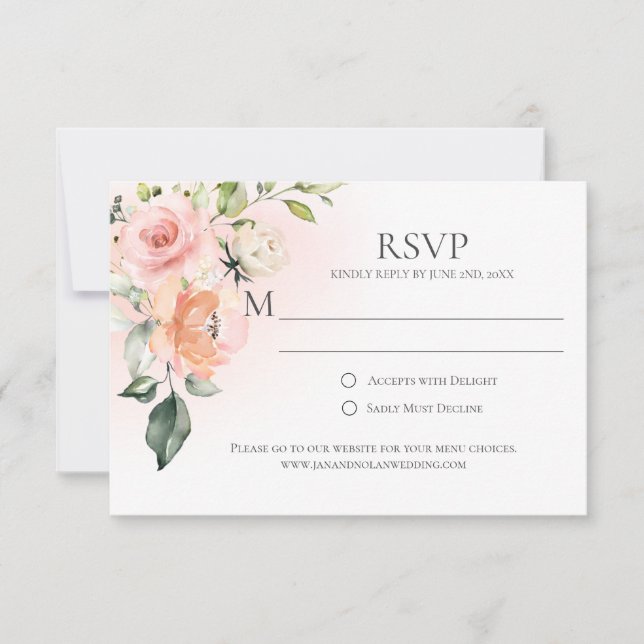Peach Pink White Roses Green RSVP Cards (Vorderseite)