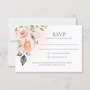 Peach Pink White Roses Green RSVP Cards
