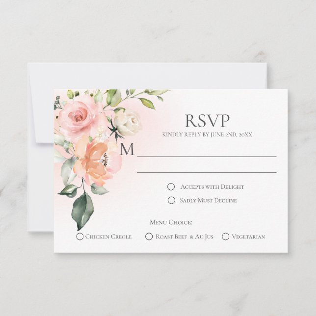Peach Pink White Roses Menü Auswahl RSVP Karten (Vorderseite)