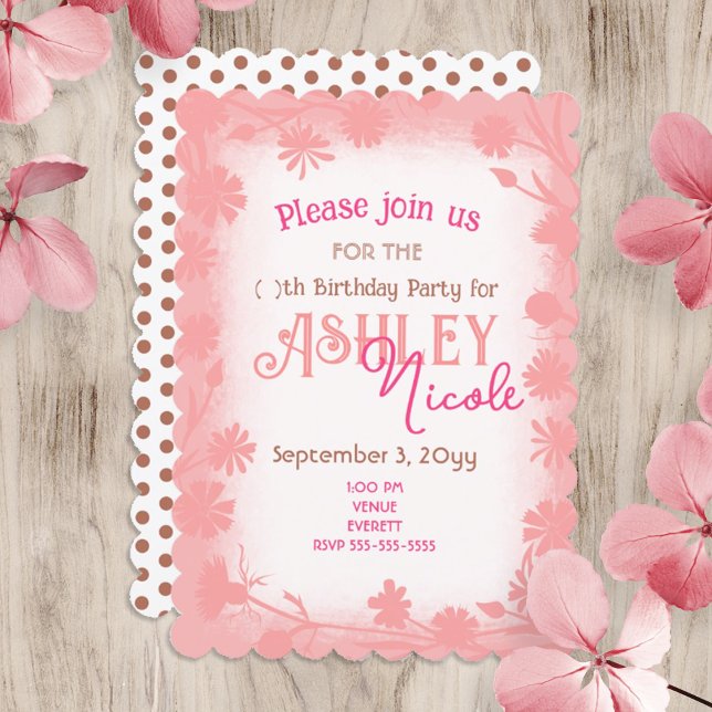 Peach, Pink Wilde Blume Border Birthday Party Einladung (peach pink floral border, mixed pink, beige script text, brown polka dots birthday party invitation)
