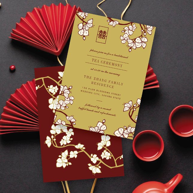 Peach/Plum bllossoms Double Xi Chinesischer Teezer Begleitkarte (Peach/Plum Blossoms Double Happiness Chinese Tea Ceremony Enclosure Card @ fatfatin_red_knot)