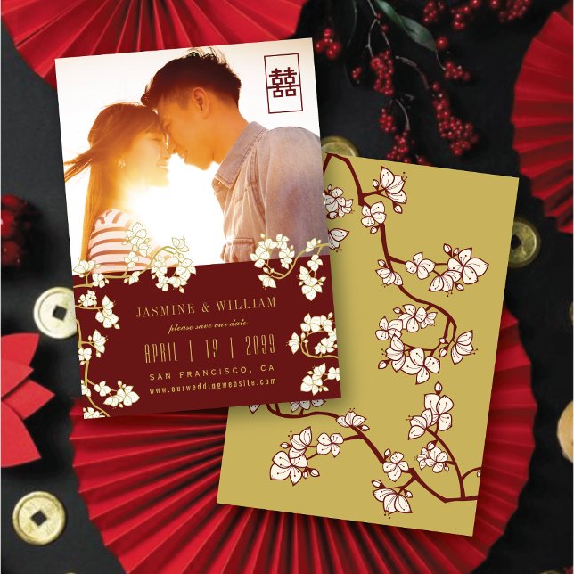 Peach/Plum Blossom Blumen Double Xi Foto Chinesisc Save The Date (Burgundy Red/Gold/Ivory White Peach/Plum Blossom Flowers Chinese Wedding Photo Save The Date Card)
