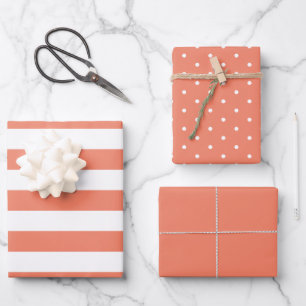 Peach Polka Dot Wide Striping und Solid Wra Geschenkpapier Set
