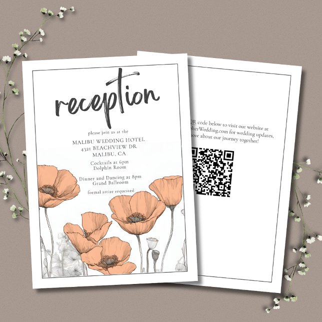 Peach Poppies Elegante Hochzeitsempfehlung für Flo Begleitkarte (Peach Poppies Wedding Reception Enclosure Card with QR Code for Wedding Website.)