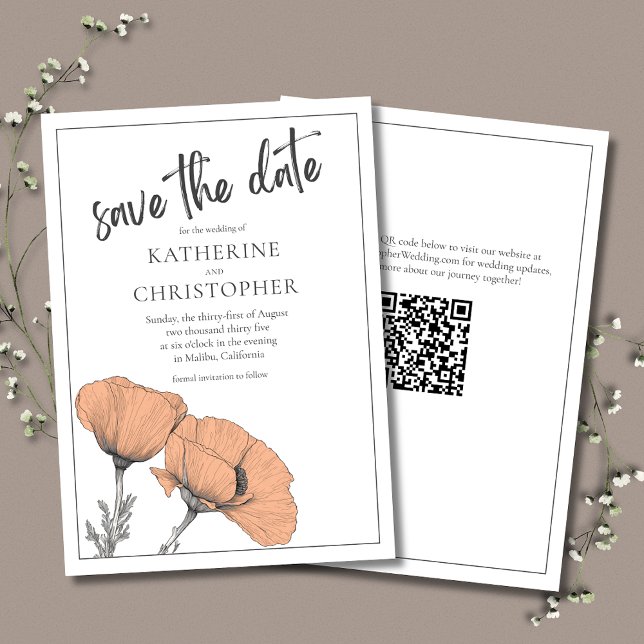 Peach Poppies Eleganter QR-Code für Blumenhochzeit Save The Date (Peach Poppies Save theDate cards coordinate with the Peach Poppies Elegant Wedding Invitation Suite.)