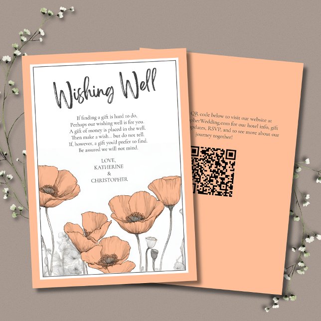 Peach Poppies floral Elegante Hochzeit wünschen gu Begleitkarte (Peach Floral Wishing Well Enclosure Card with California Poppies and Modern Typography.)