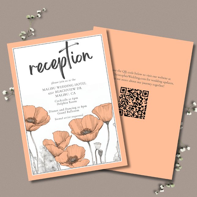 Peach Poppies Floral Eleganter Hochzeitsslipp Empf Begleitkarte (Peach Floral Wedding Reception Enclosure Card with California Poppies and QR Code.)