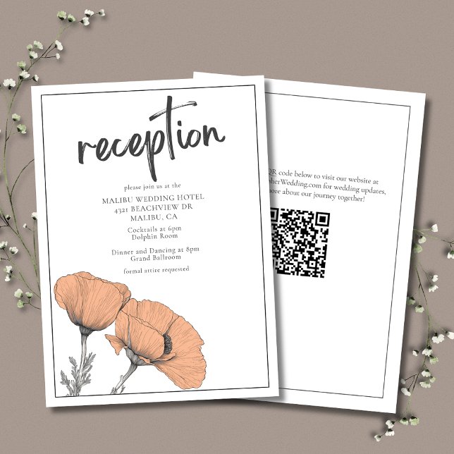 Peach Poppies Floral Eleganter Hochzeitsslipp Empf Begleitkarte (Peach Poppies Elegant Wedding Reception with QR Code for Wedding Website. )