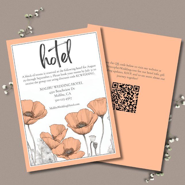 Peach Poppies Floral Elegantes Wedding Hotel Begleitkarte (Peach Floral Wedding Hotel Information Information Card featuring poppies and QR code.)