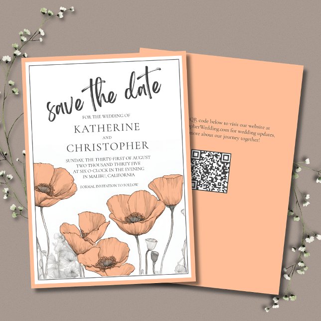 Peach Poppies Floral Moderne Elegante Hochzeit Save The Date (Peach Poppies Elegant Save the Date Card with QR Code for Wedding Website.)