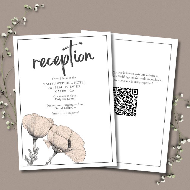 Peach Poppy Floral Eleganter Hochzeitsslipp Empfan Begleitkarte (Pale Peach Wedding Reception Card featuring California Poppies with QR Code for Wedding Website.)