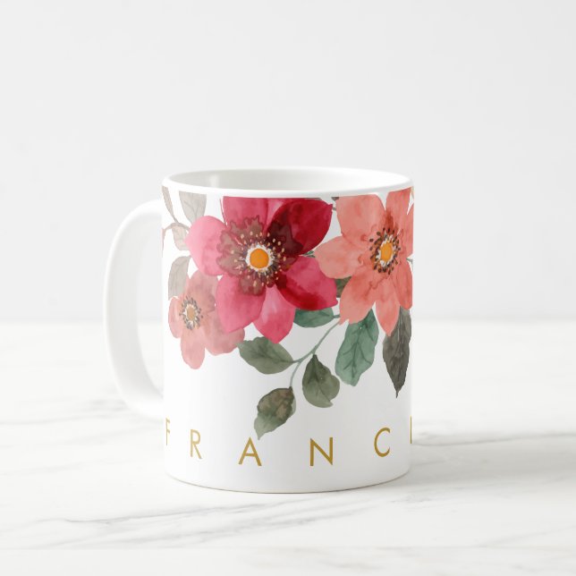 Peach Red Floral Aquarell Fügen Sie Ihren Namen hi Kaffeetasse (Vorderseite Links)