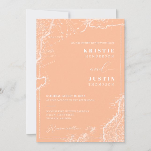 Peach Retro Travel QR Code Foto Hochzeit Einladung (Vorderseite)