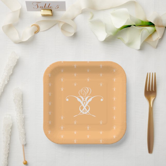 Peach Retro Weiße Geblüht Rose Pappteller (Hochzeit)